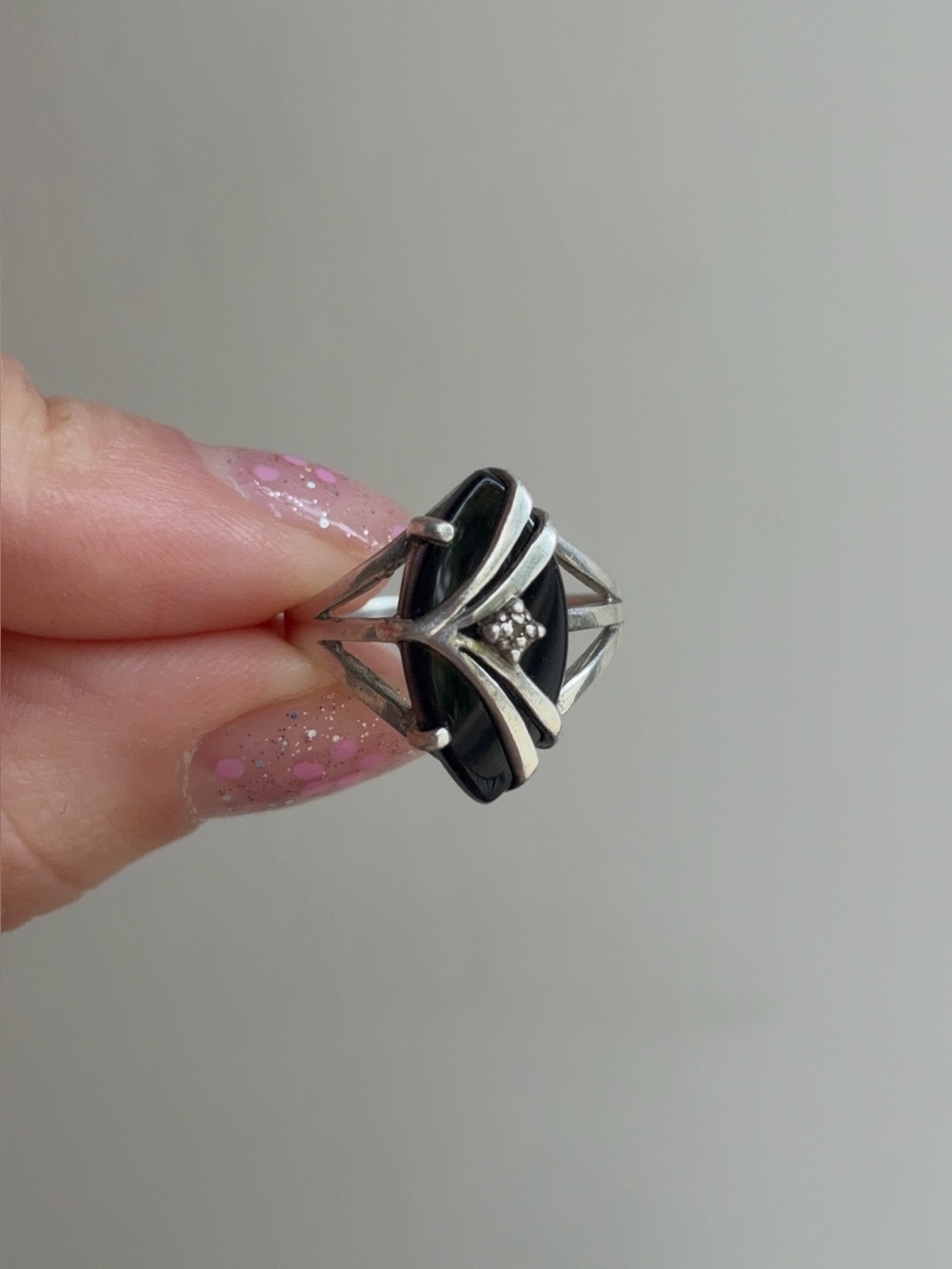Sterling Silver Vintage Art Deco Black Onyx Gemstone Diamond Navette Ring - Picture 5 of 9